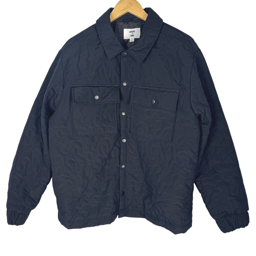 Mode of One Mens Swirl Quilted Snap Front Shirt Jacket‎ Deep Black Medium NEW